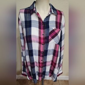 True Craft Women's Plaid Cotton Modal Long Sleeve Button Down Shirt Size Large